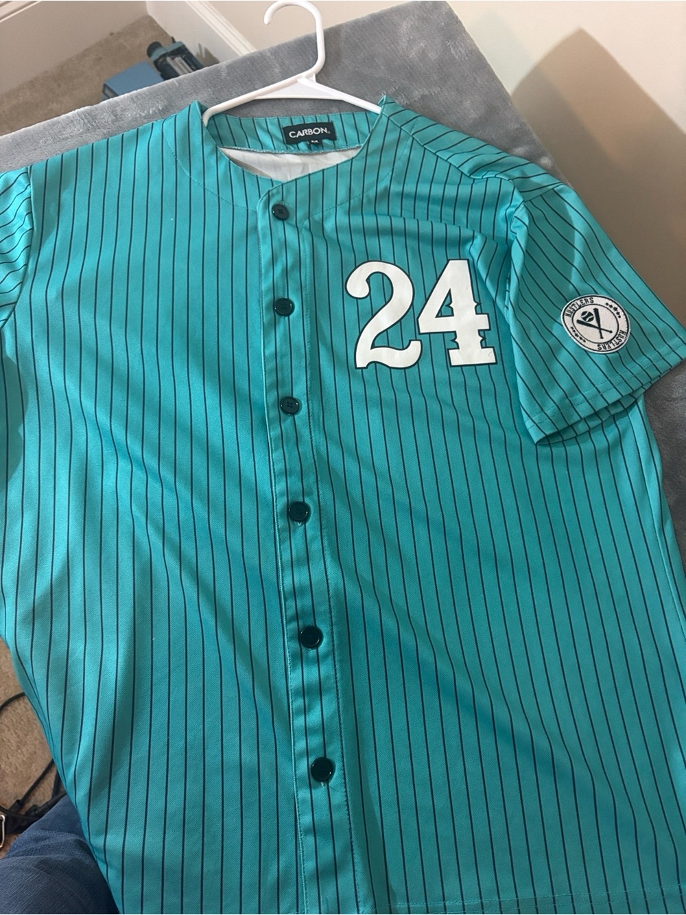 Carbon Teal Pinstriped Baseball Jersey with White Number 24